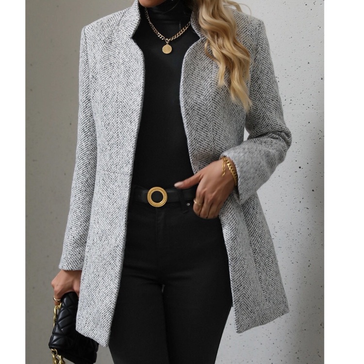 Classic Stand Collar Open Front Pockets Jacket Blazer